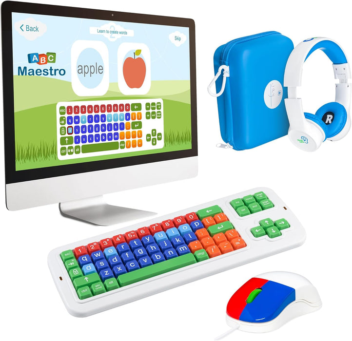 Clevy ABC Maestro Home Bundle - Clevy Home School Package - Uppercase Colorful Kids Keyboard, Clevy Kids Mouse, Clevy Kids Headphone and ABC Maestro Home - Multilingual Tutor Software (Home Edition)