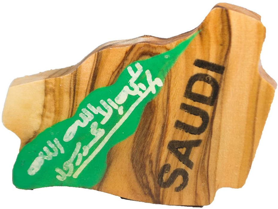 Carte géographique en bois d'olivier sculptée à la main et peinte à la main des pays riches en pétrole et en gaz du Qatar et de l'Arabie saoudite.