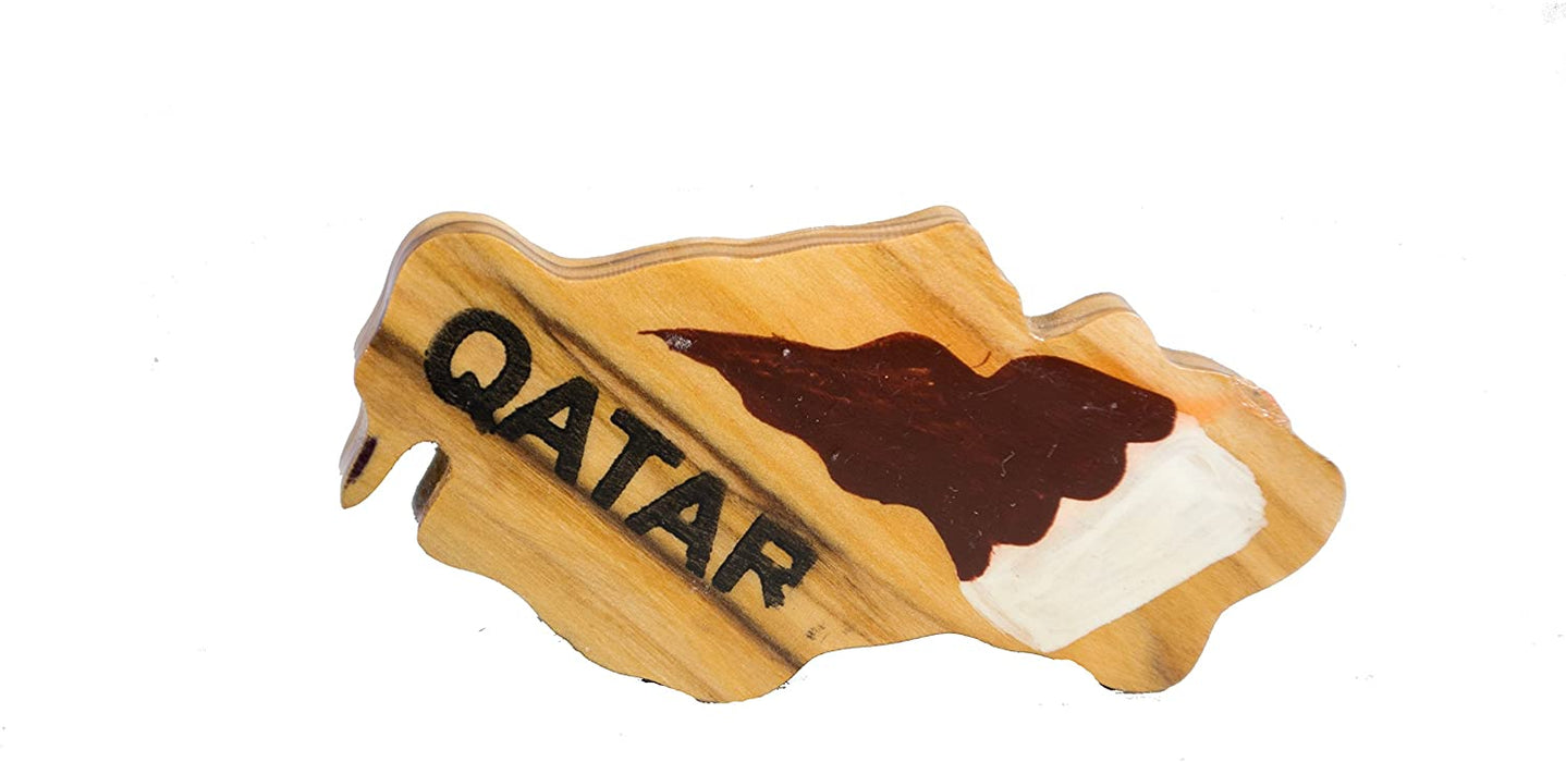 Hand Carved Olive Wood Handmade and Painted Geographical Map of the Oil and Gas Rich Countries of Qatar, and Saudi Arabia Magnet Set
