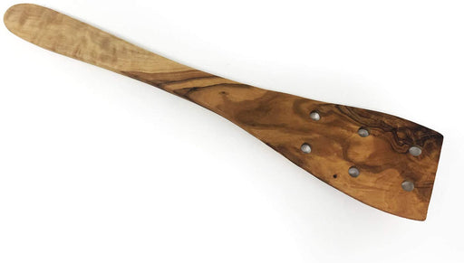 Espátula perforada de madera de olivo hecha a mano, utensilios decorativos y de cocina hechos a mano y tallados a mano por artesanos (11.75" x 2.5" x 0.3")