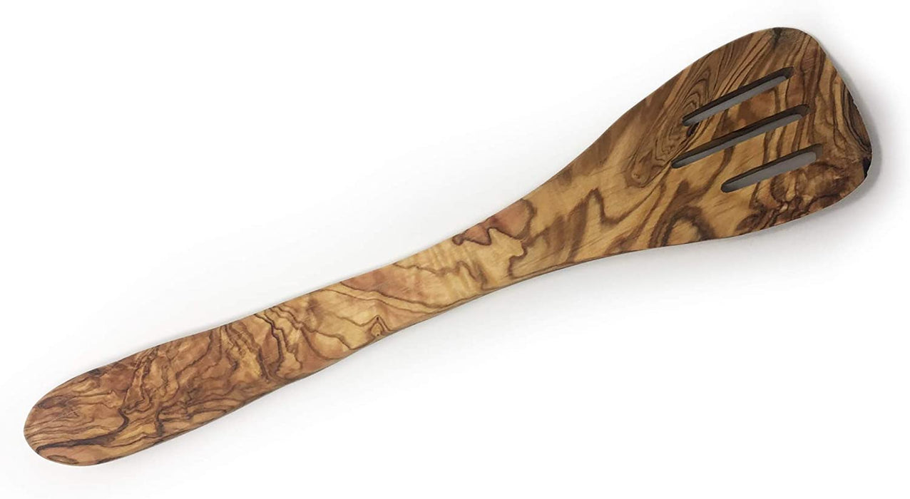 Spatule en bois d'olivier décorative et ustensile de cuisine fait à la main et sculpté à la main par des artisans (11,75" x 2,5" x 0,3")