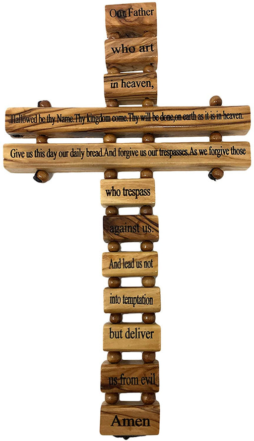 AramediA Olive Wood Handcrafted Our Father Wall Cross Hand Crafted by Artisans in The Holy Land - 10" x 6" x 0.5" (inches)