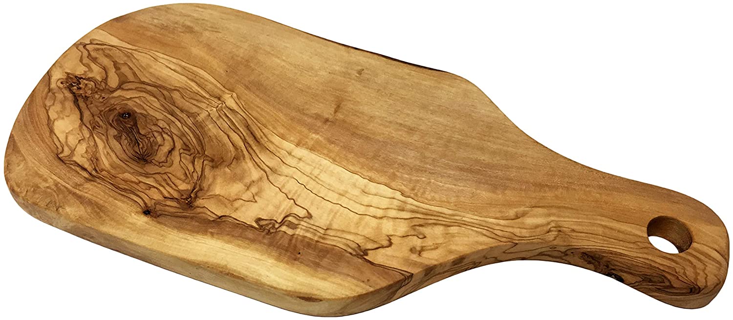 Tabla de cortar de madera de olivo hecha a mano con mango, hecha a mano y tallada a mano por artesanos – Dimensiones: 40 x 25 x 2 (cm) o 15,5 x 9,5 x 0,7 (pulgadas); - Peso: 1,6 kg / 3,4 libras