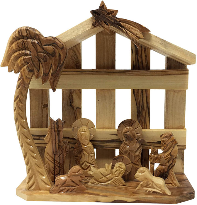 Décoration de Noël en bois d'olivier Crèche fabriquée à la main en Terre Sainte par des artisans - 14 x 14 x 6,3 cm (pouces)
