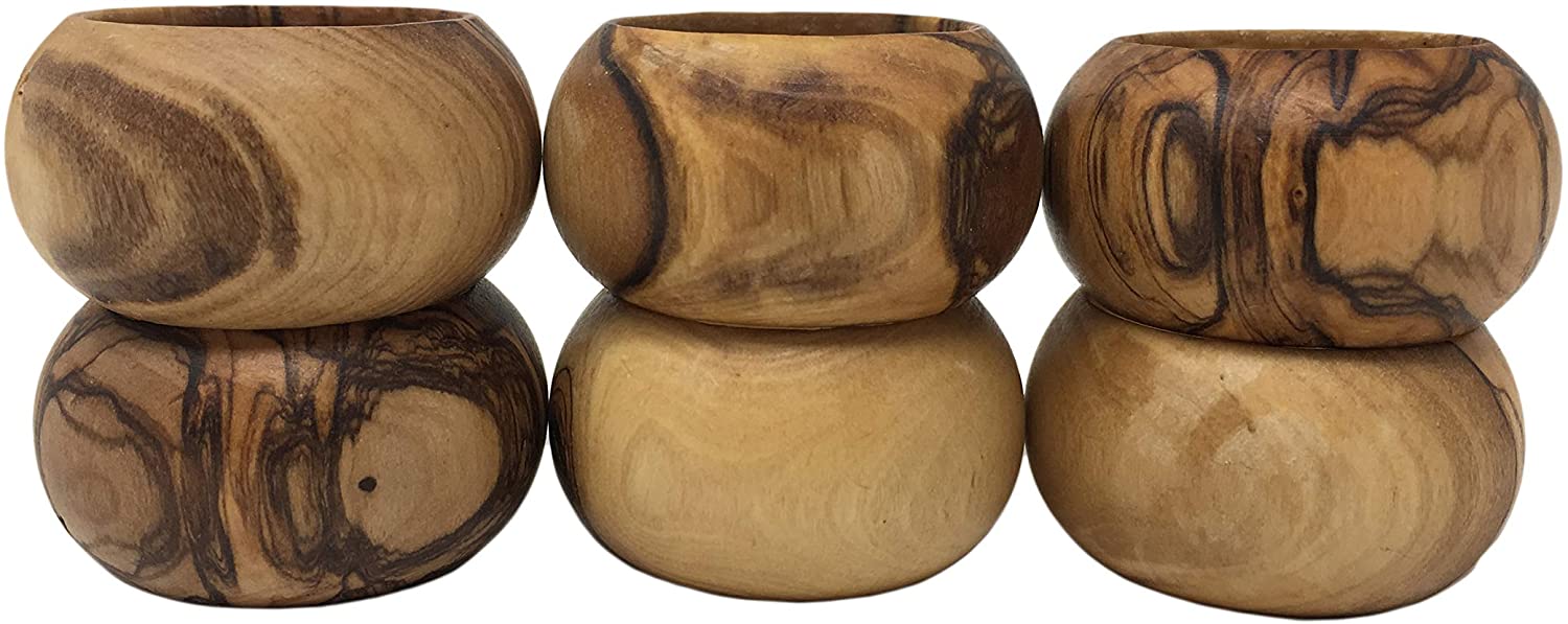 Bois d'olivier fabriqué à la main en Terre Sainte par des artisans ronds de serviette – Lot de 6 – Anneau – (3,8 cm de diamètre et 3,8 cm de haut).
