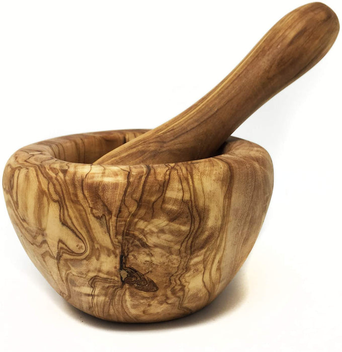 Mortero y maja de madera de olivo, juego de molinillo de artesanías tunecinas para triturar especias de cocina - Triturador de ajo