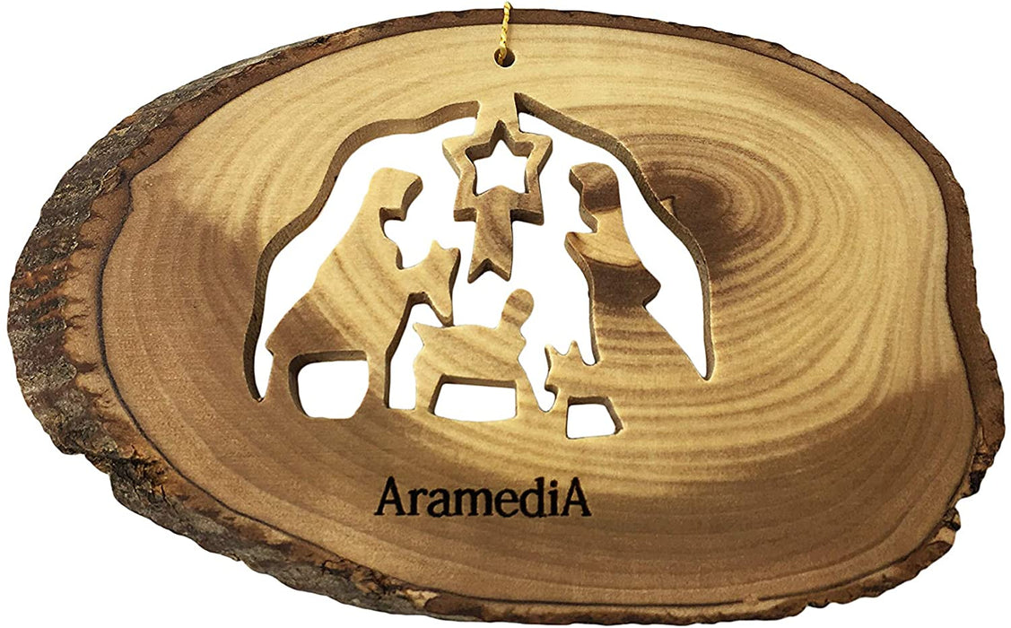 AramediA Olive Wood Handcrafted Christmas Nativity Scene Ornament in The Holy Land by Artisans- 5" x 3" (Inches)