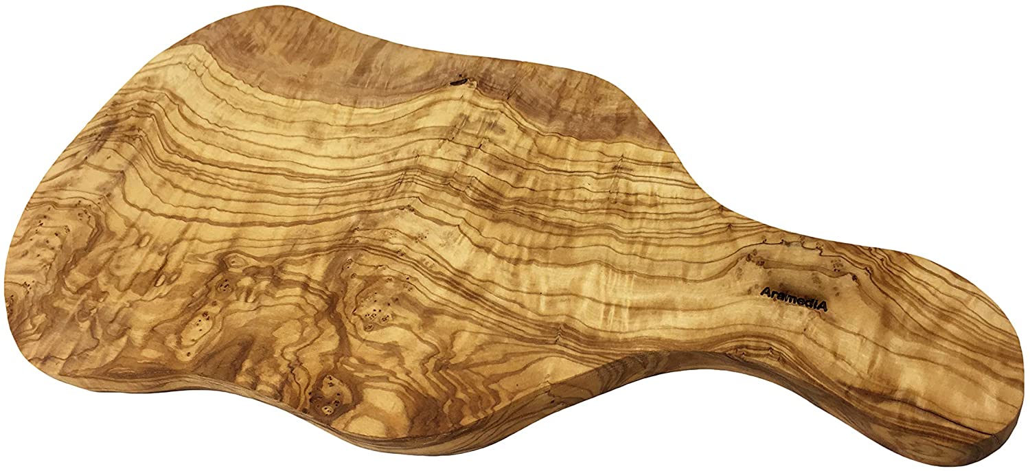 Tabla de cortar de madera de olivo hecha a mano con mango, hecha a mano y tallada a mano por artesanos – Dimensiones: 45,72 x 21,59 x 2 (cm) o 18 x 8,5 x 0,7 (pulgadas); - Peso: 1,6 kg / 3,4 libras