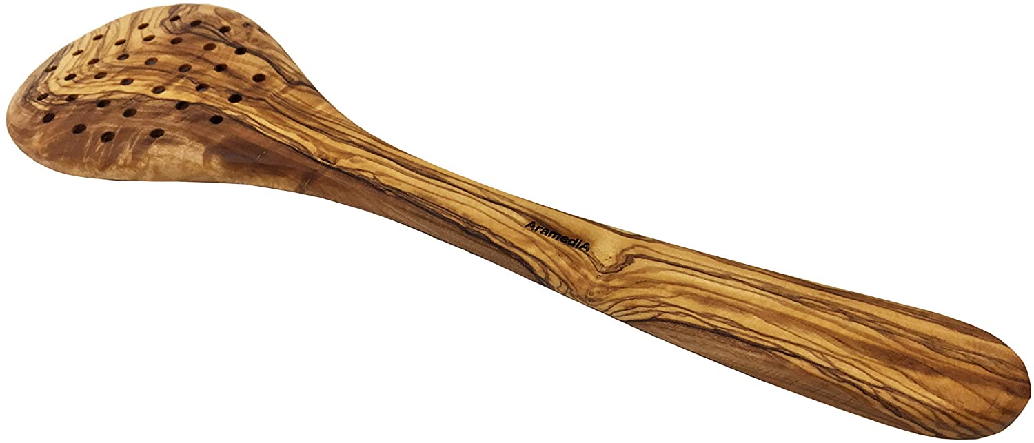 Espátula perforada de madera de olivo hecha a mano Utensilio decorativo y de cocina hecho a mano y tallado a mano por artesanos - 15.25 x 4 x 0.3 (pulgadas)