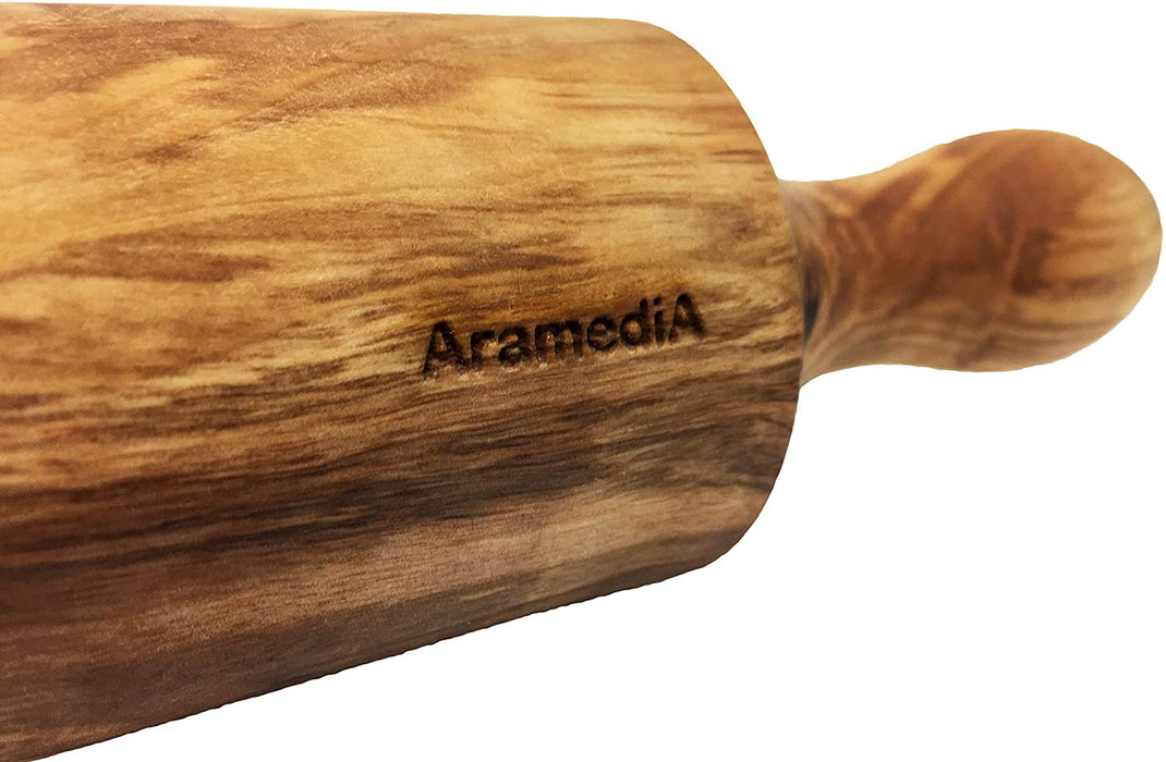 Rodillo de madera de olivo hecho a mano en Tierra Santa por artesanos con asas fijas para hornear masa, pizza, pasteles, pastas y galletas, 16.5 pulgadas
