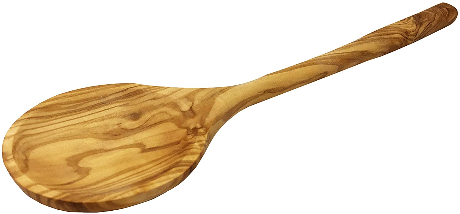 Olive Wood Spoon Round Handle Decorative And Cooking Utensil Handmade and Hand carved By Artisans (8.5" x 2" x 0.3")