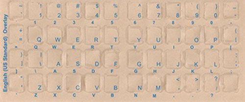 English Keyboard Overlays Stickers, Labels. Blue Transparent Characters for White/Ivory Color Keyboards.