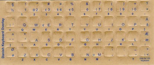 Pegatinas, superposiciones, etiquetas para teclado: Caracteres azules daneses transparentes para teclados blancos