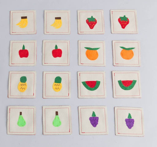 Jeu de mémoire de fruits faits à la main - Chaque pochette mesure 14 x 2,5 x 12,7 cm (16 patchs) – Fabriqué par des femmes artisans.