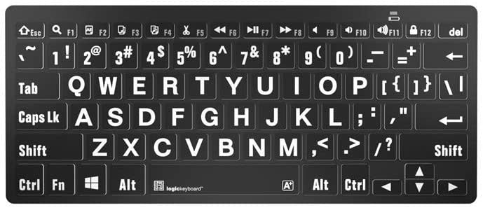 Logickeyboard LargePrint White on Black - PC Bluetooth Mini Keyboard - US English ; Part # LKB-LPWB-BTPC-US
