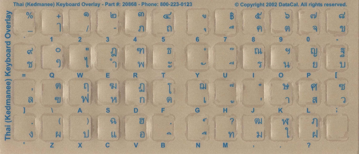 Thai Keyboard Stickers - Labels - Overlays with Blue Characters for White Computer Keyboard