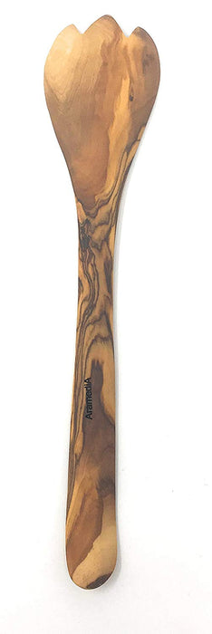 AramediA Utensilio de cocina de madera Tenedor de madera de olivo - Hecho a mano y tallado a mano por artesanos de Belén cerca del lugar de nacimiento de Jesús (12.5" x 2.5" x 0.3")